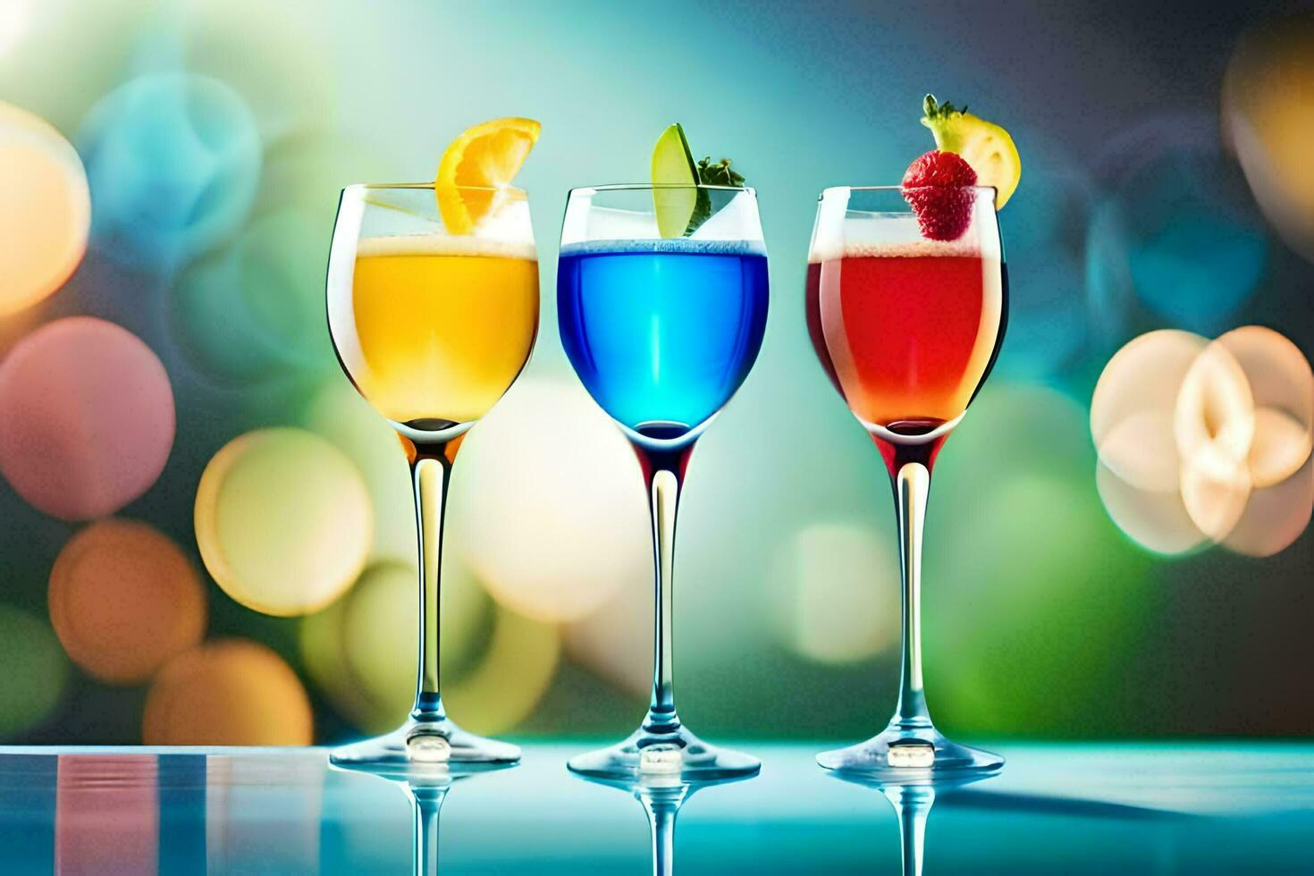 three glasses of colorful drinks with a bright background. AI-Generated photo