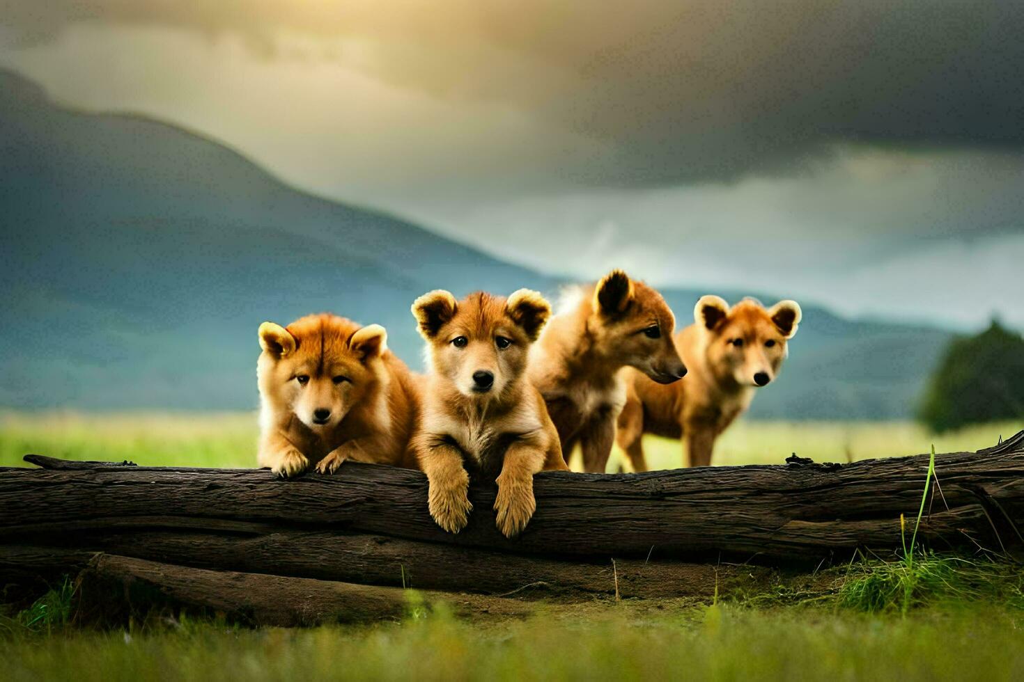 four puppies sitting on a log in the grass. AI-Generated photo