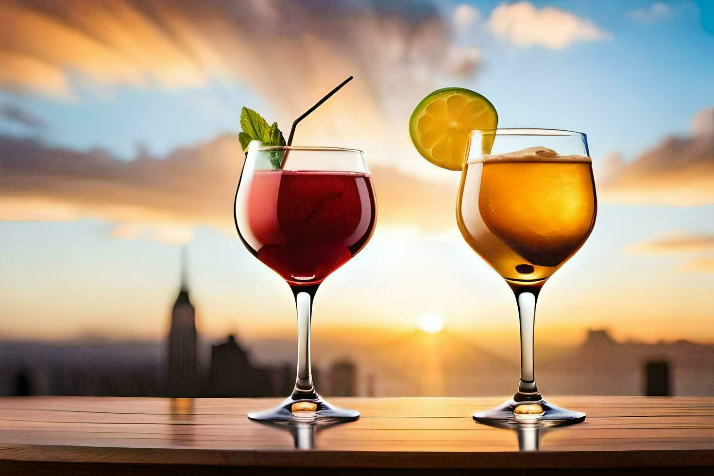 two glasses of wine with a sunset view. AI-Generated photo