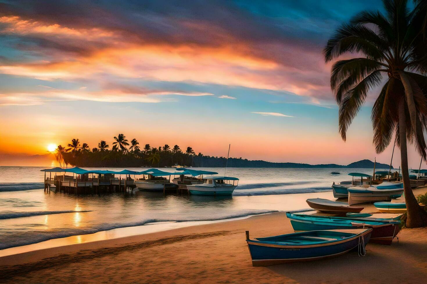 barcos en el playa a puesta de sol. generado por ai foto