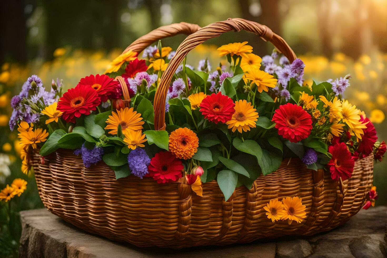 a basket full of flowers is sitting on a stump in the woods. AI-Generated photo