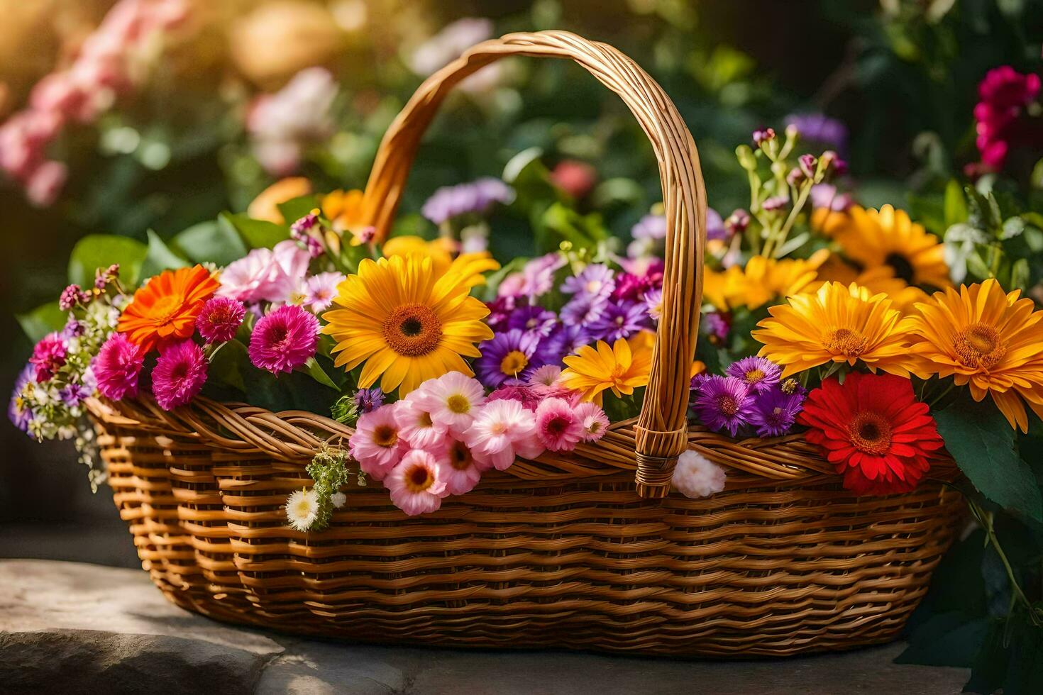 un cesta lleno de vistoso flores en un Roca. generado por ai foto