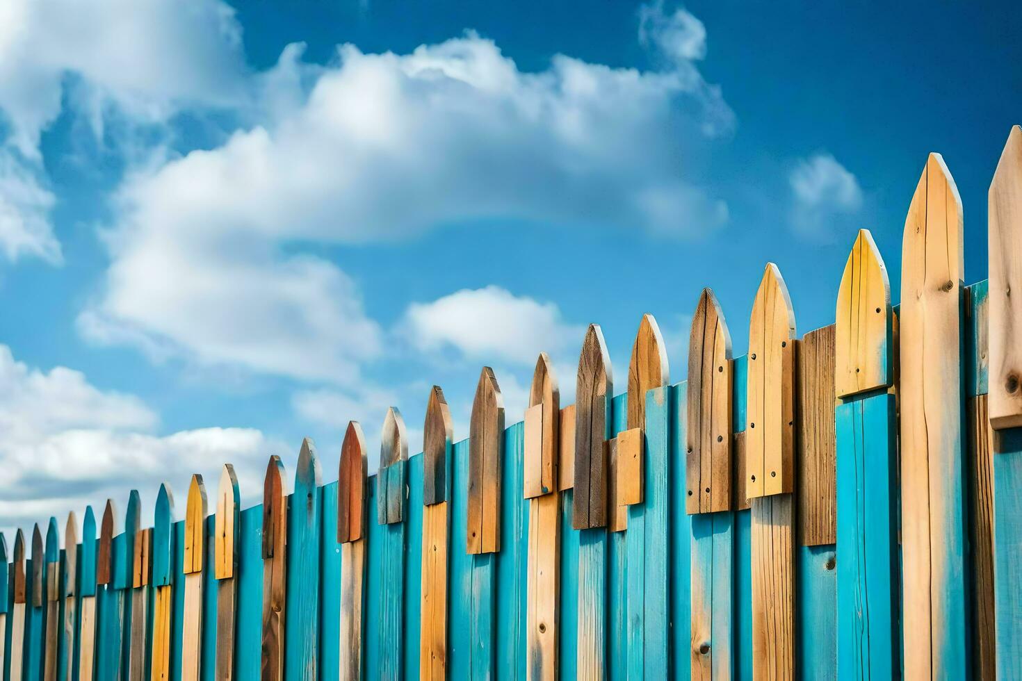 a wooden fence with blue and white wooden posts. AI-Generated photo