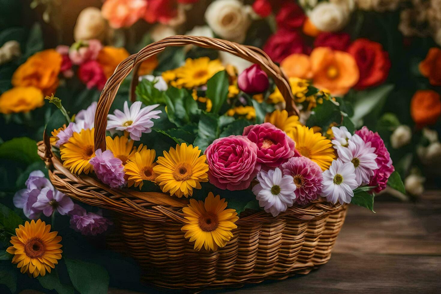 a basket filled with flowers on a wooden table. AI-Generated photo