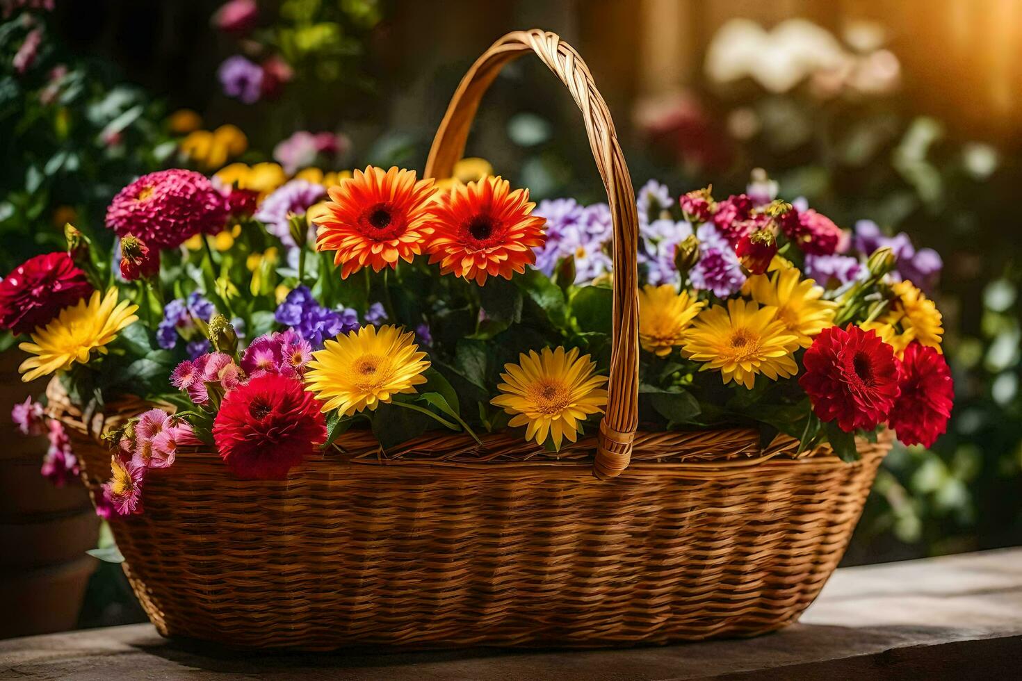 a basket with colorful flowers on a wooden table. AI-Generated photo