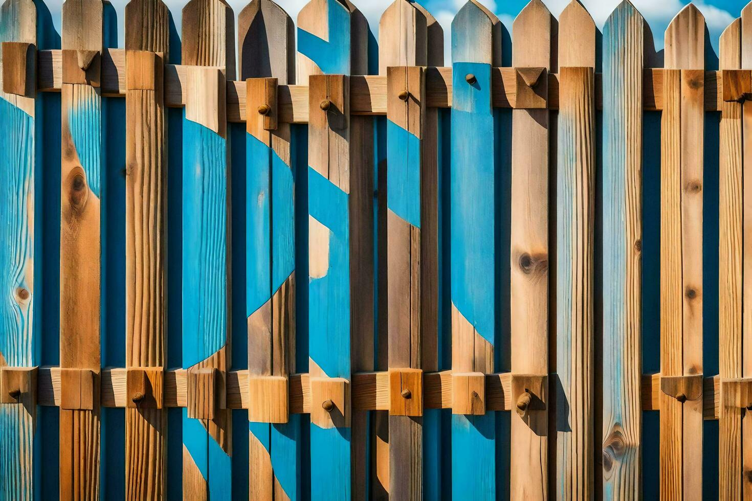 a wooden fence with blue and brown paint. AI-Generated photo