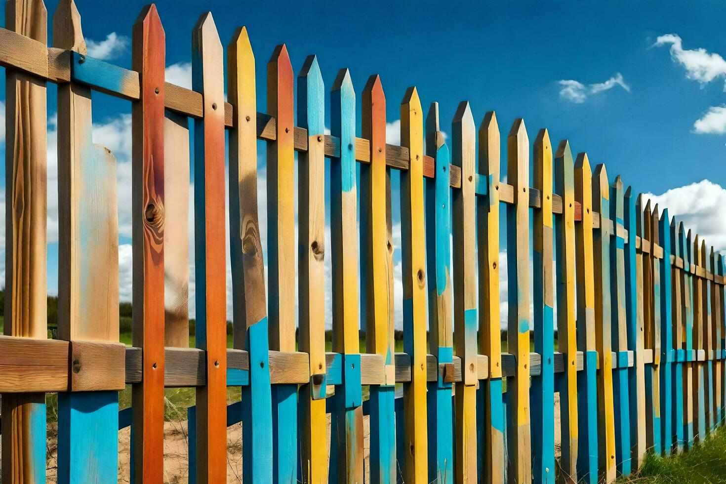 a colorful fence with blue sky in the background. AI-Generated photo