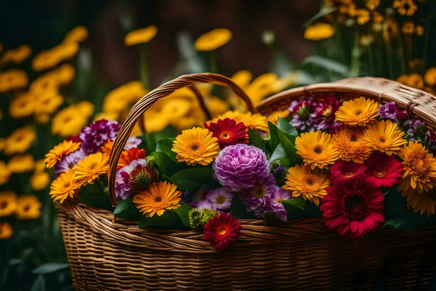 un cesta lleno de vistoso flores en un soleado día. generado por ai foto