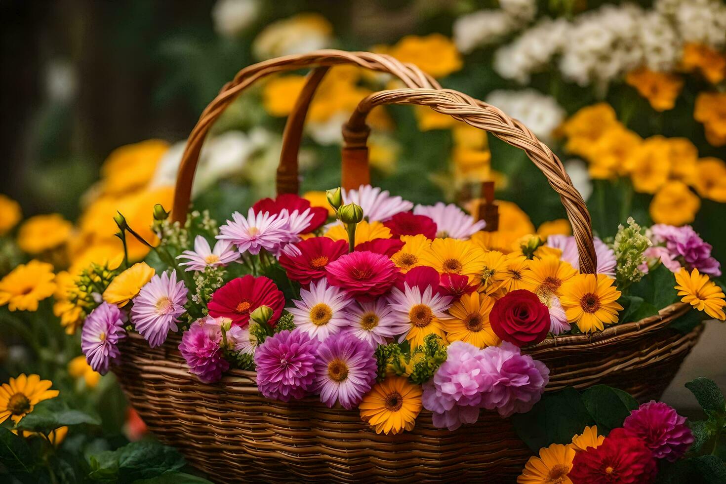 a basket full of colorful flowers sitting on a grassy area. AI-Generated photo