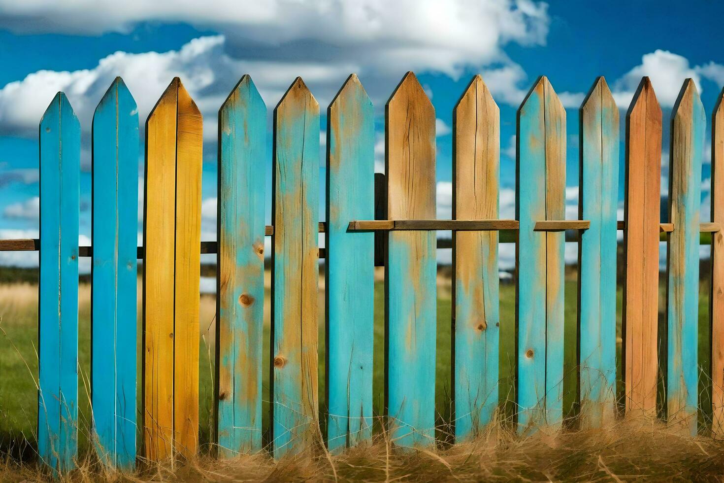 a colorful wooden fence with blue sky and grass. AI-Generated photo