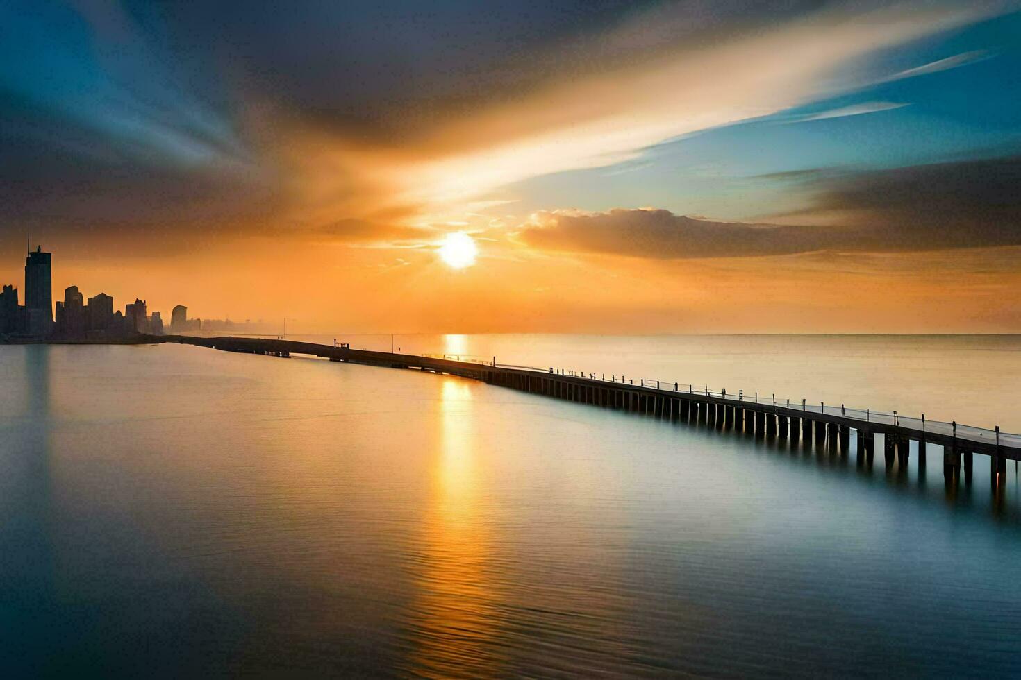 el Dom sube terminado un ciudad horizonte y muelle. generado por ai foto