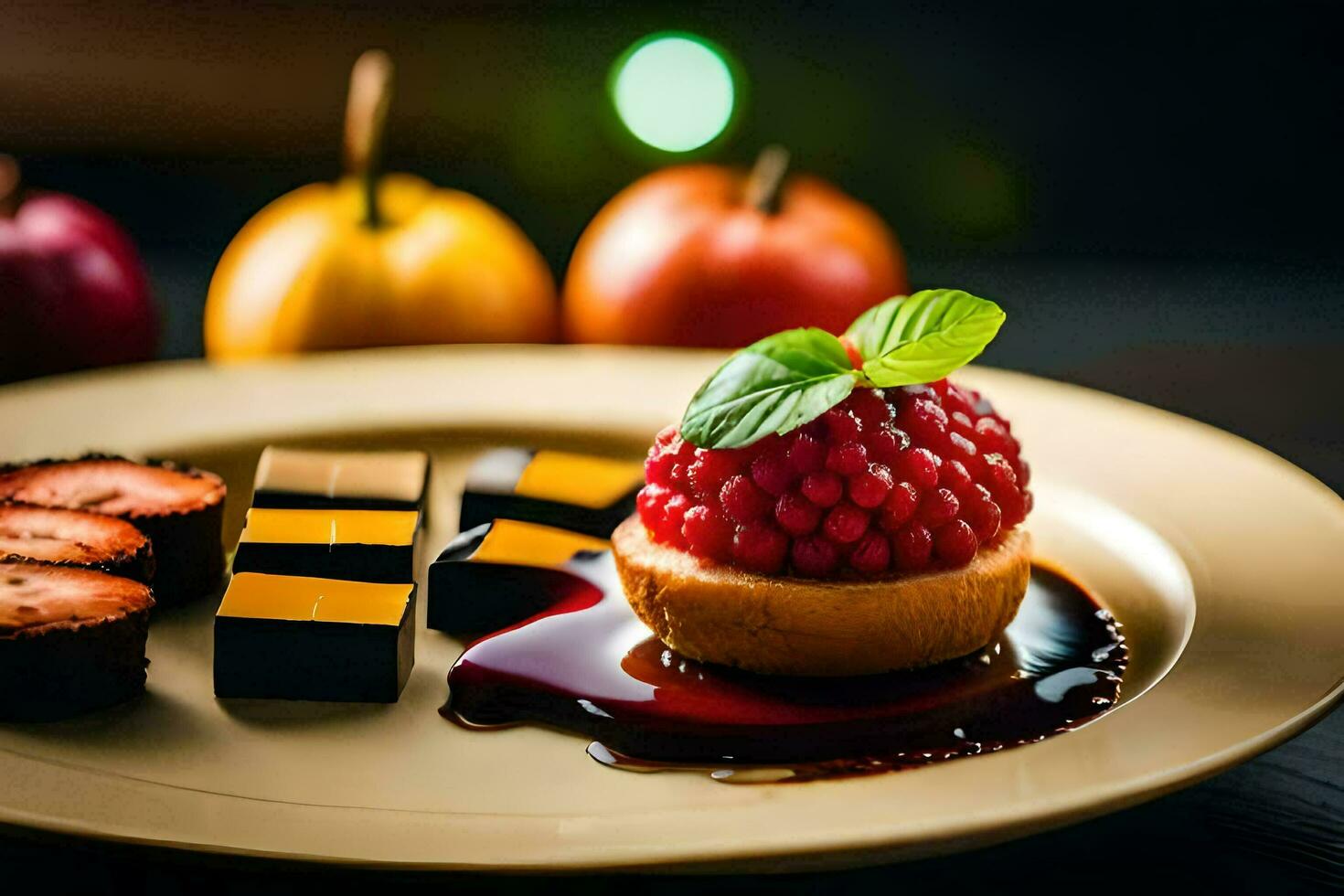 a dessert on a plate with fruit and chocolate. AI-Generated photo