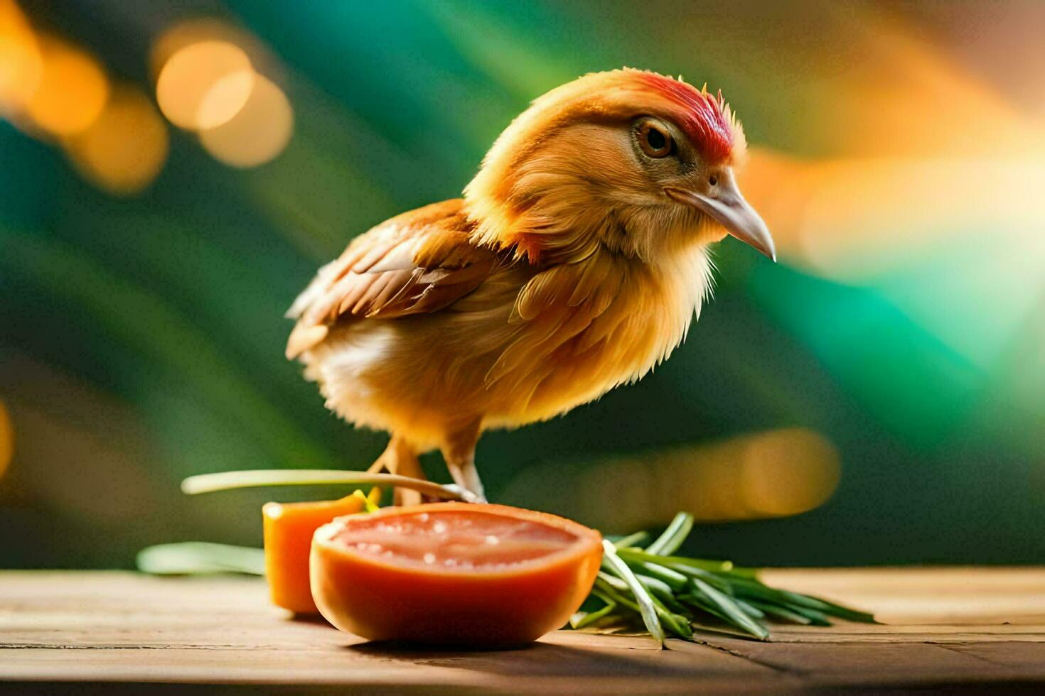 a small chicken with an orange slice on a wooden table. AI-Generated photo