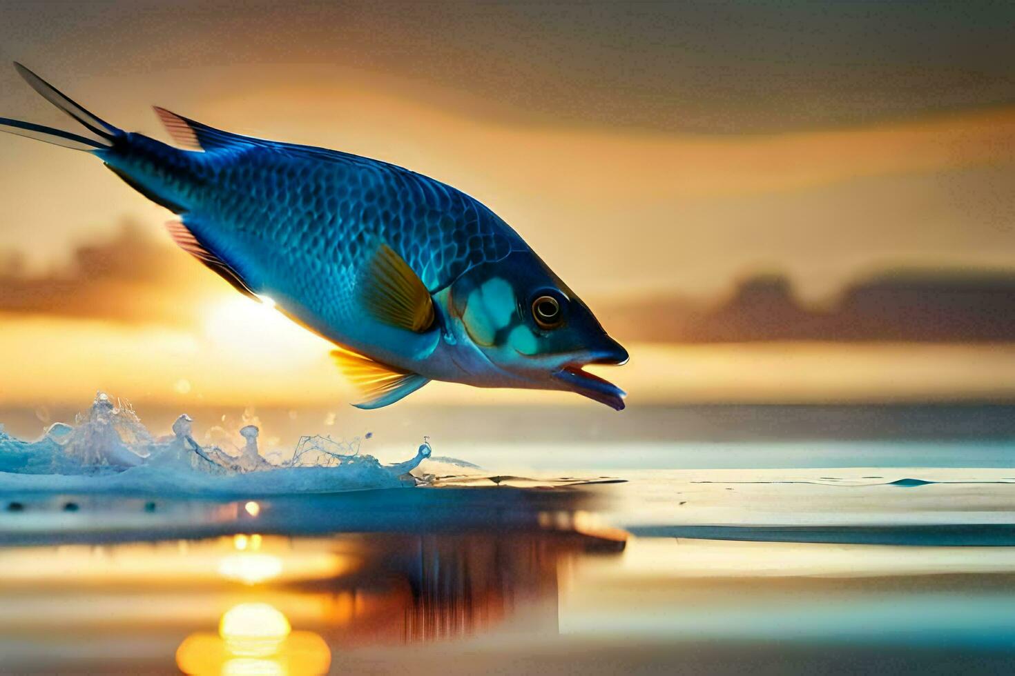 un pescado saltando fuera de el agua a puesta de sol. generado por ai foto