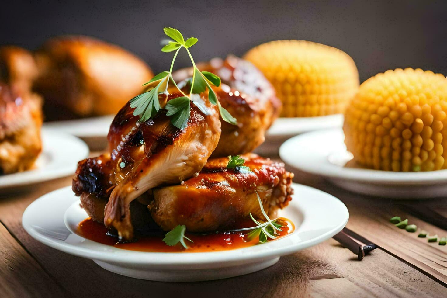 pollo alas en un plato con salsa y maíz. generado por ai foto