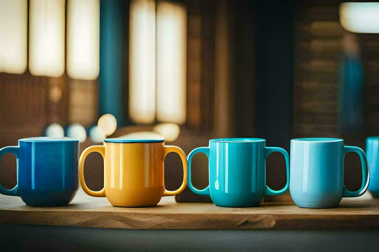 colorful mugs lined up on a table. AI-Generated photo