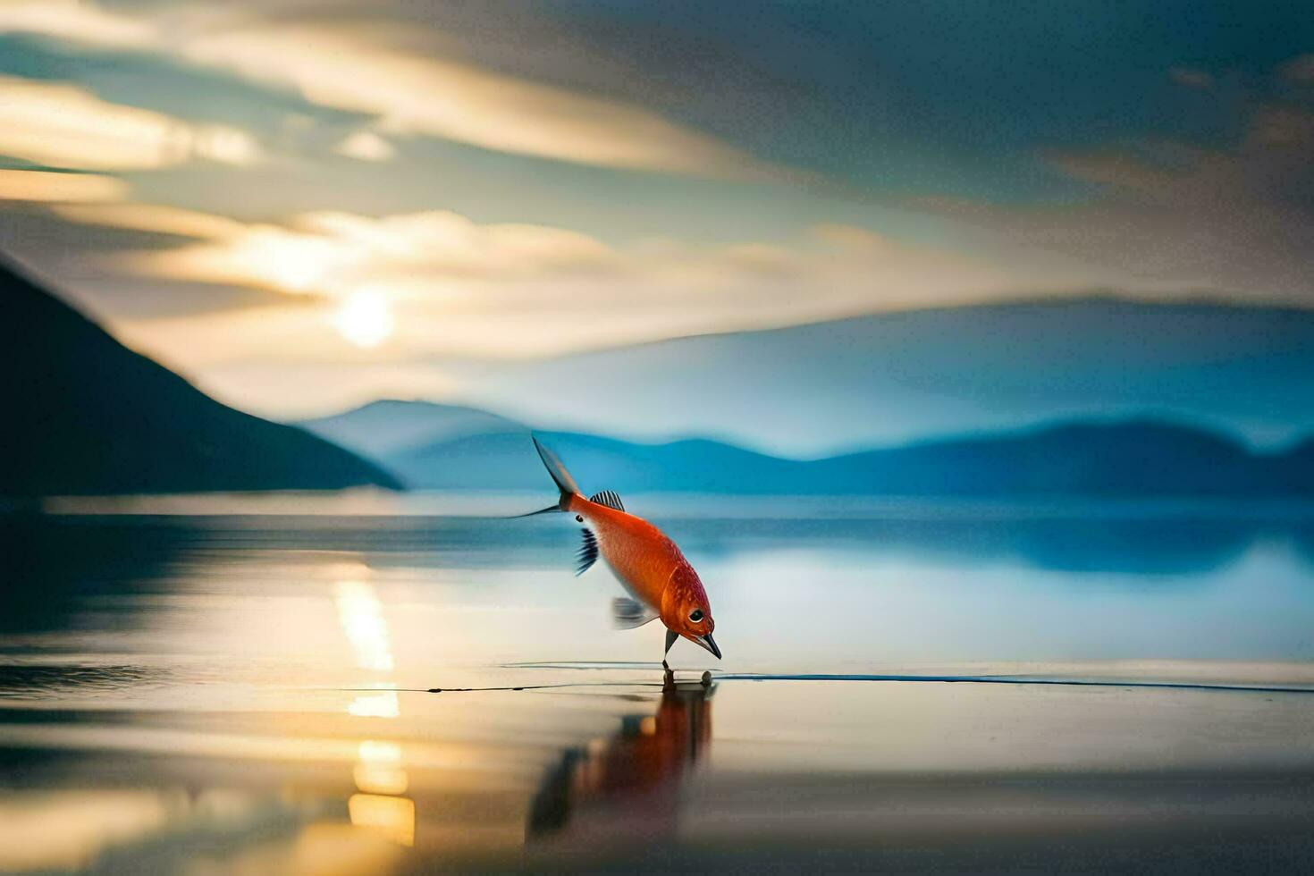 a fish is standing on the shore of a lake. AI-Generated photo