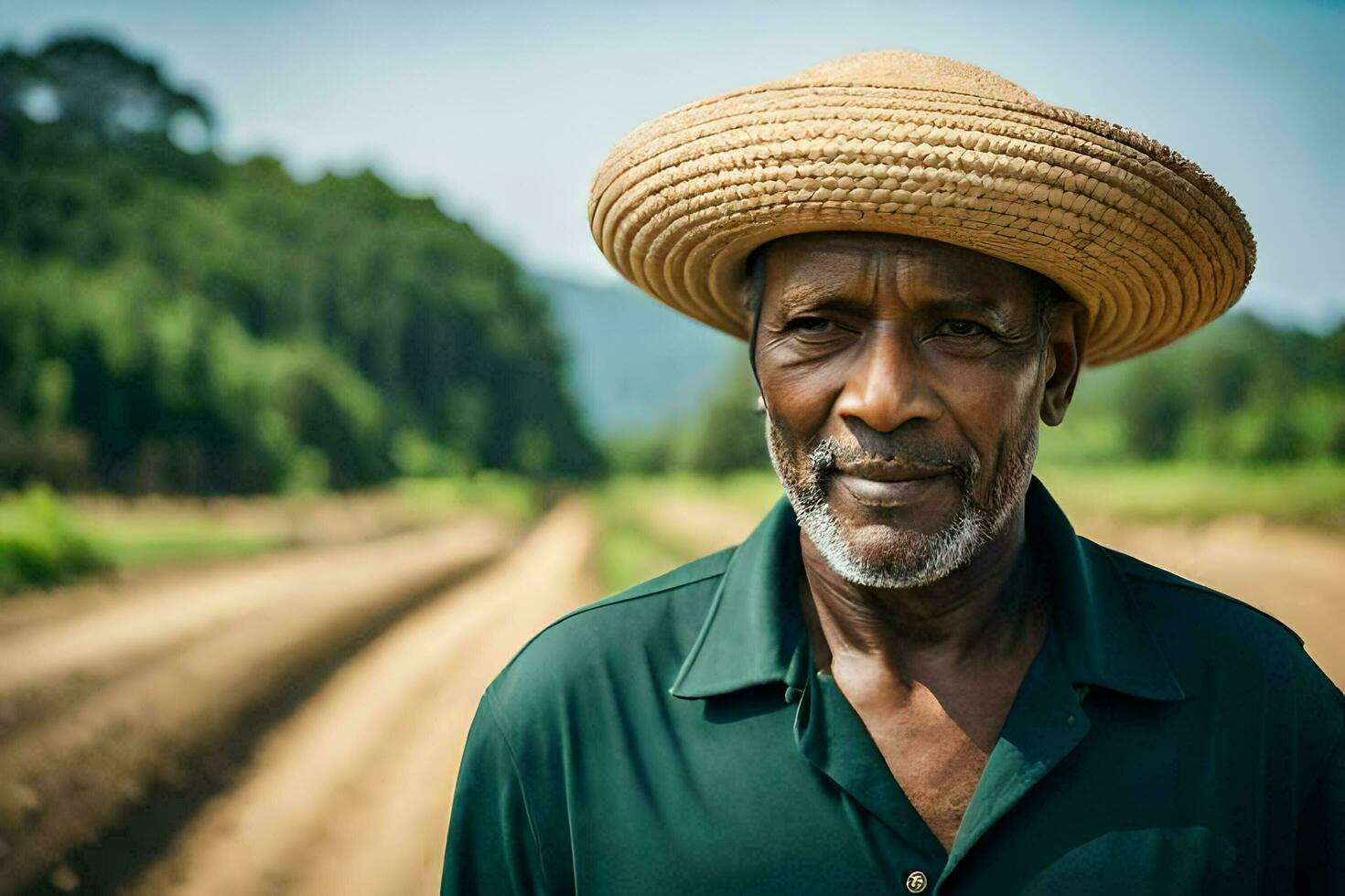 an african man wearing a straw hat stands in a field. AI-Generated photo