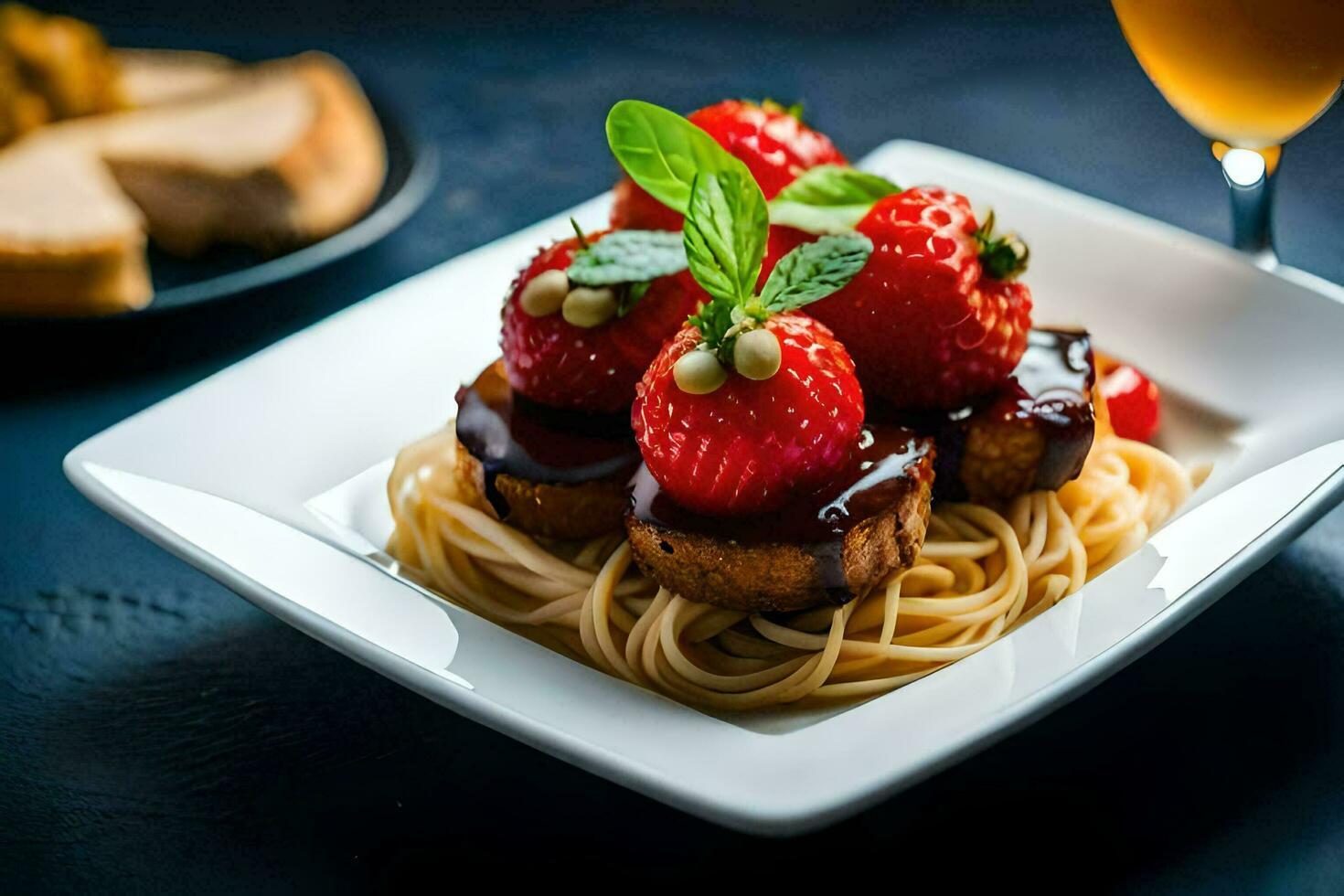 a plate of spaghetti with strawberries and sauce. AI-Generated photo