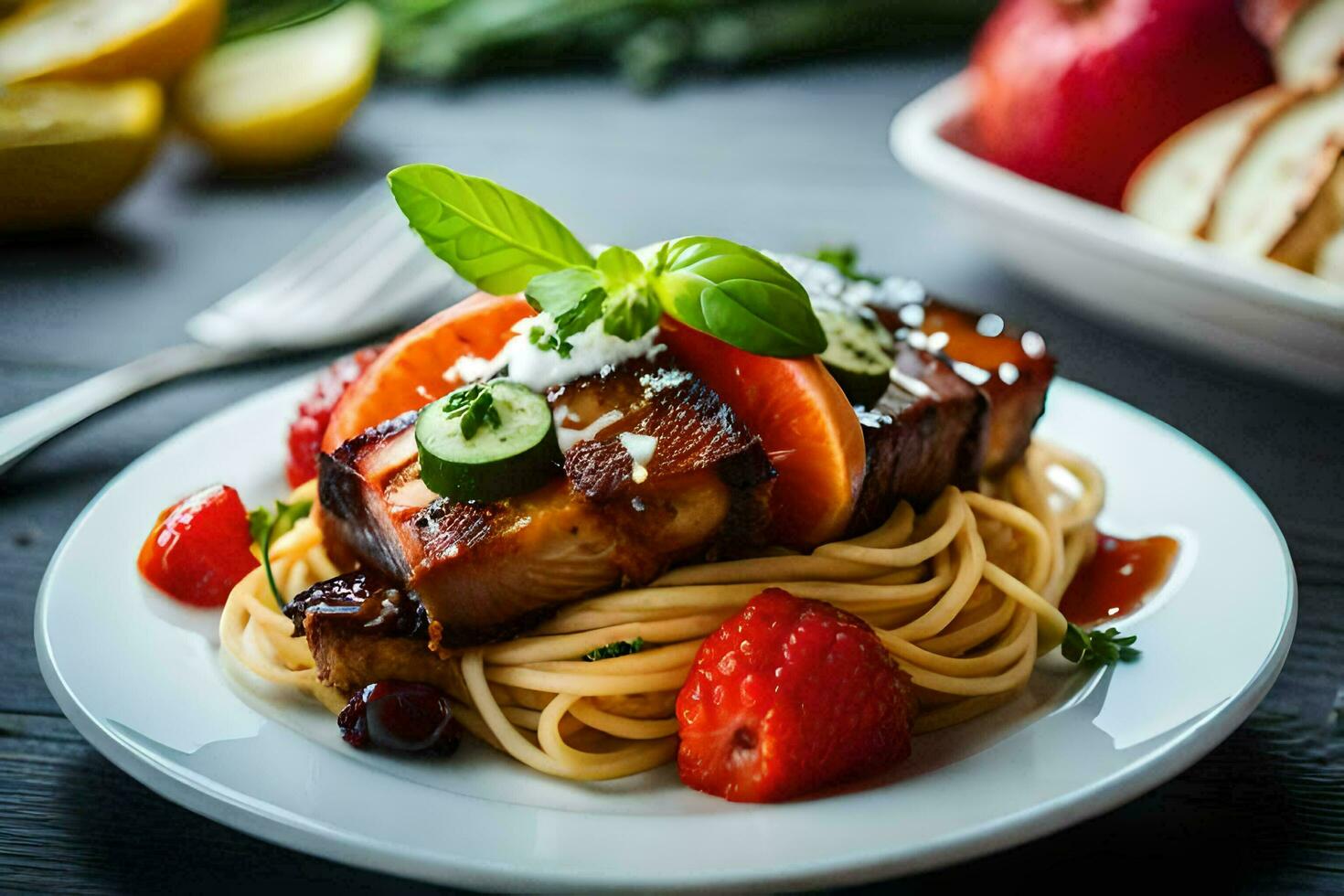 a plate with spaghetti and meat on it. AI-Generated photo