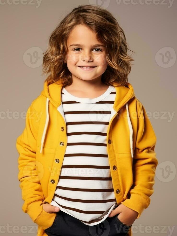 Happy European kid in casual clothing against a neutral background AI Generative photo
