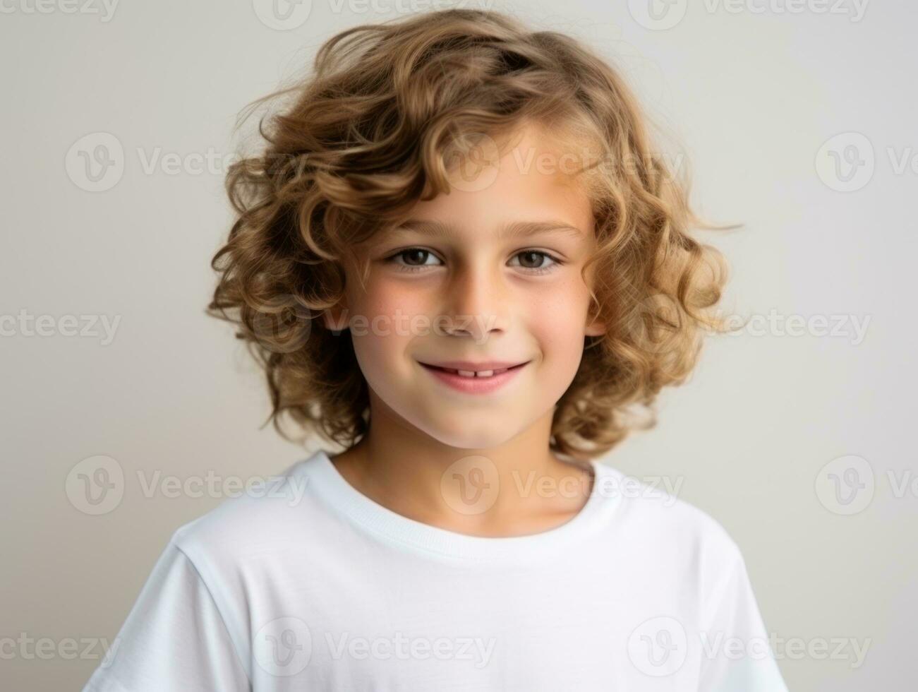 Happy European kid in casual clothing against a neutral background AI Generative photo