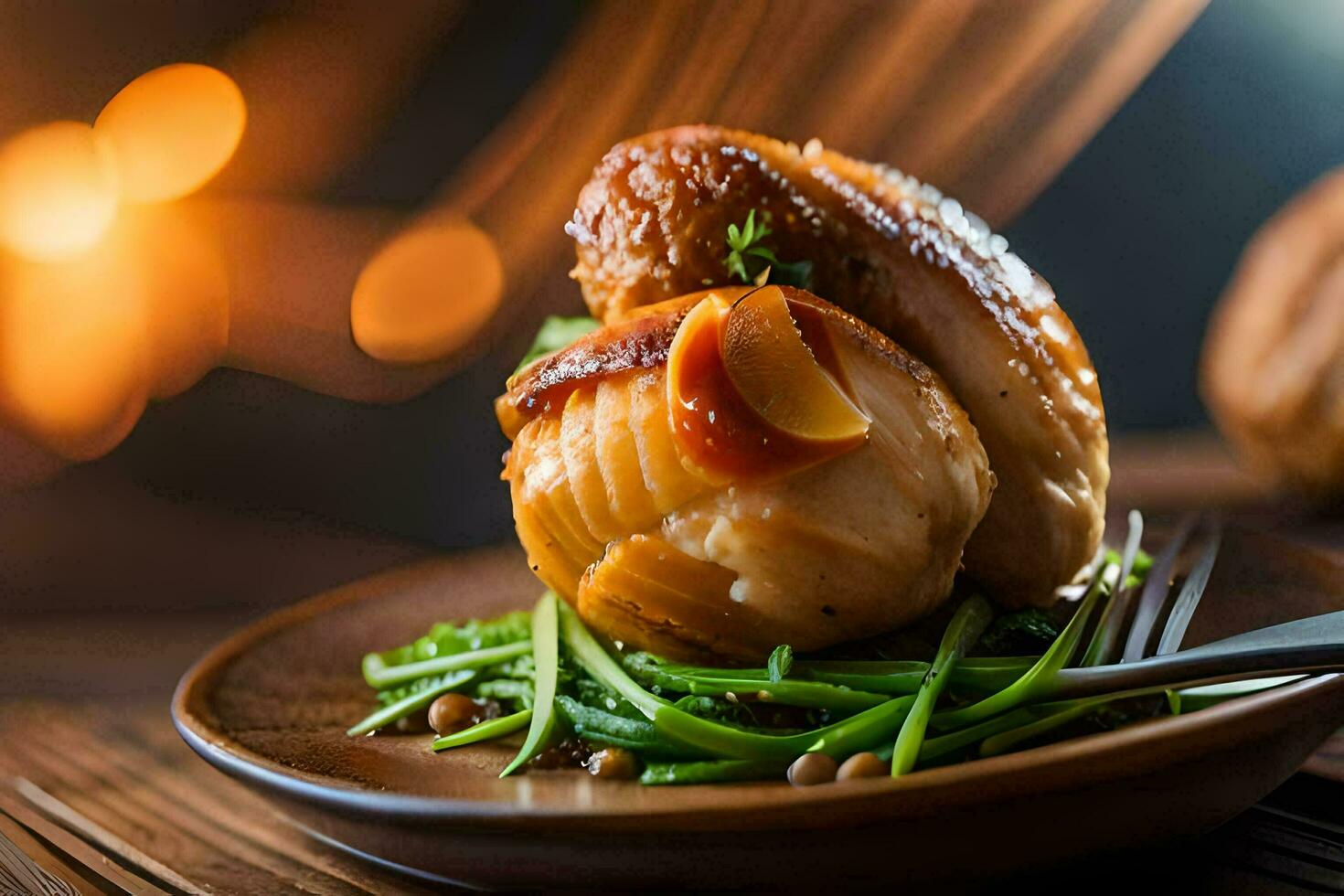 a plate with a chicken on top of it. AI-Generated photo