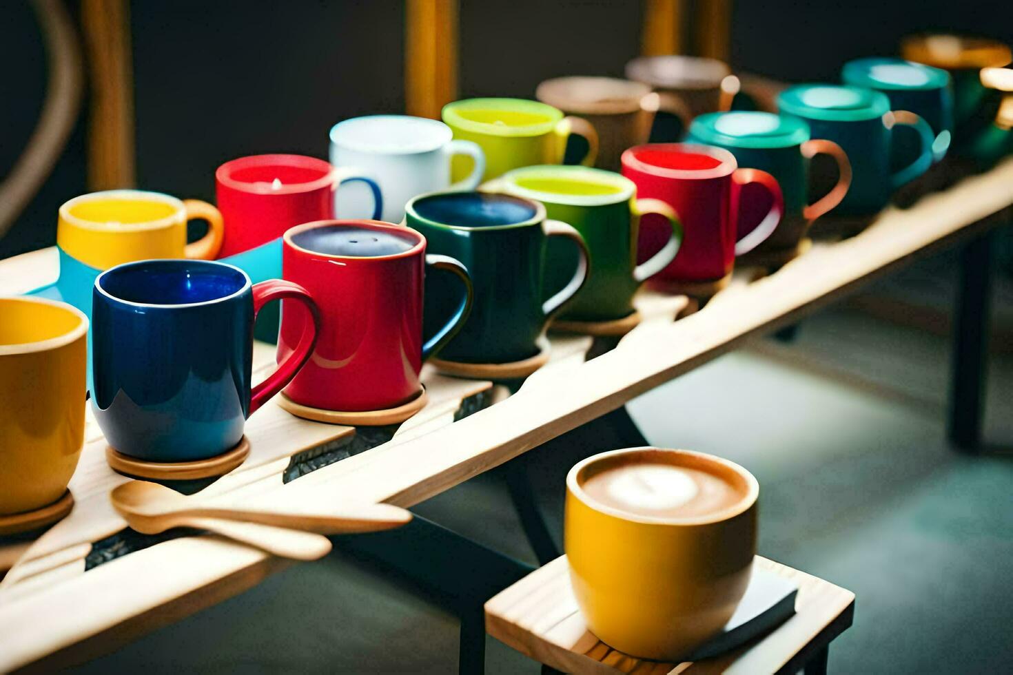 colorful mugs on a wooden table. AI-Generated photo