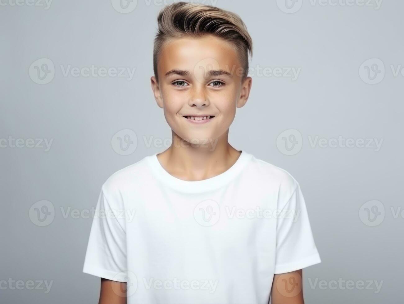 Happy European kid in casual clothing against a neutral background AI Generative photo