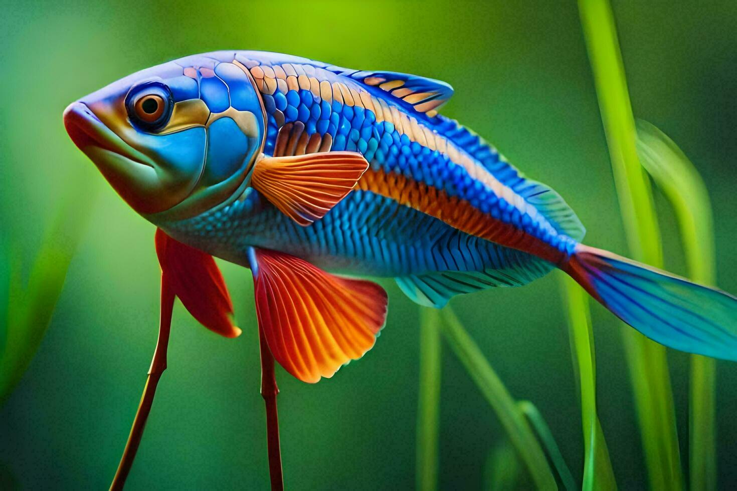 a colorful fish is sitting on a branch. AI-Generated photo