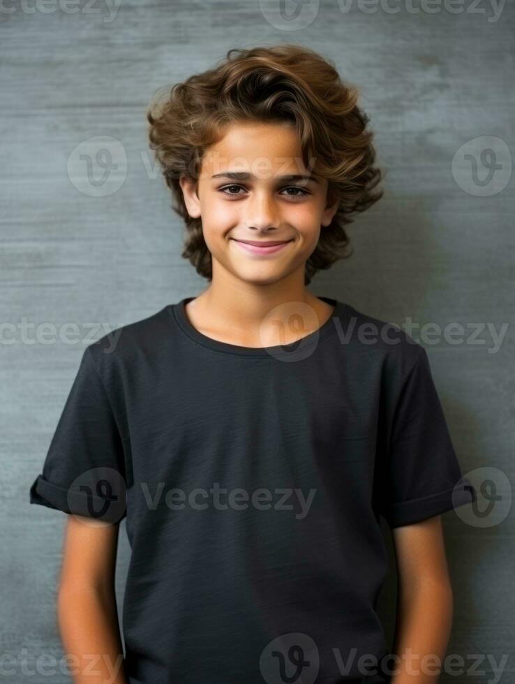 Happy European kid in casual clothing against a neutral background AI Generative photo