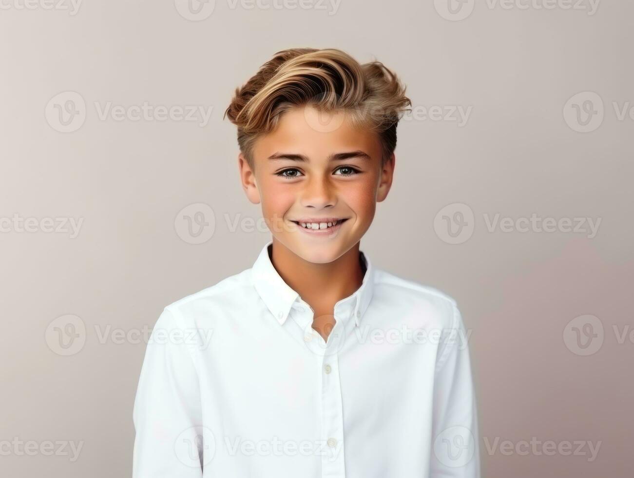 Happy European kid in casual clothing against a neutral background AI Generative photo