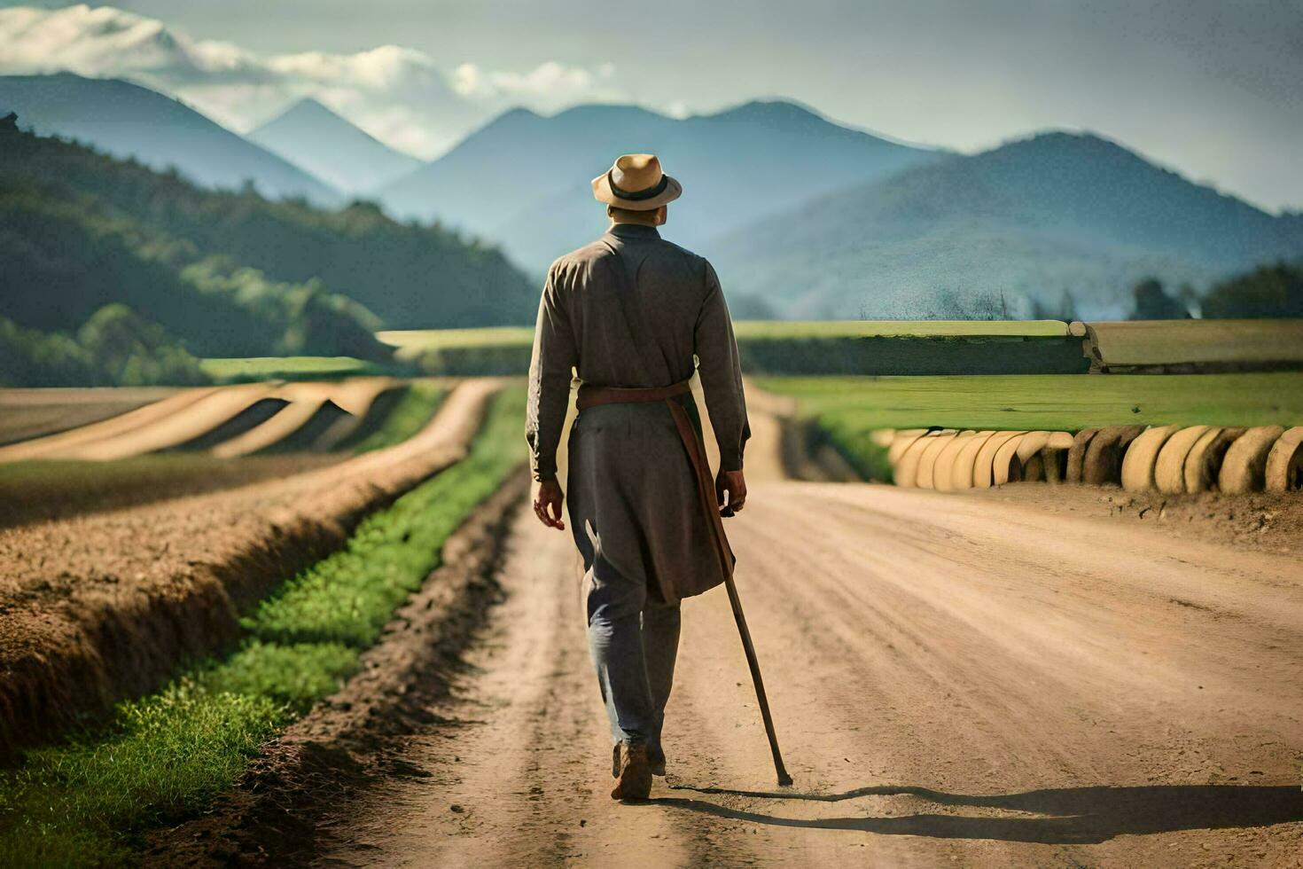 un hombre en un sombrero y Saco caminando abajo un suciedad la carretera. generado por ai foto