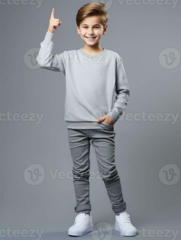 Happy European kid in casual clothing against a neutral background AI Generative photo