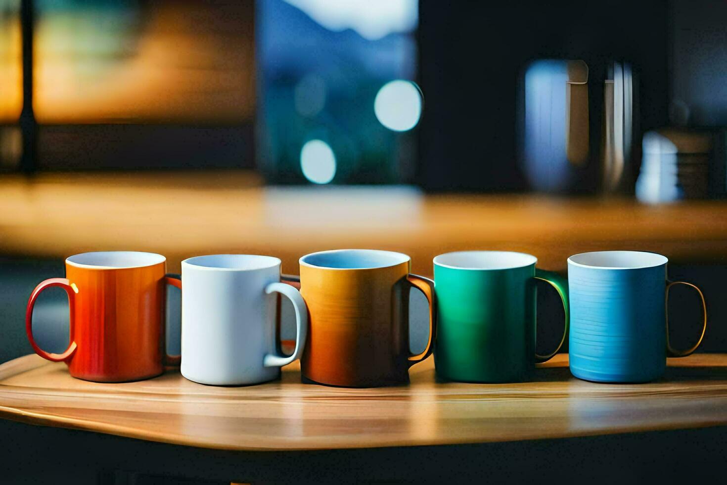 five colorful coffee mugs on a table. AI-Generated photo