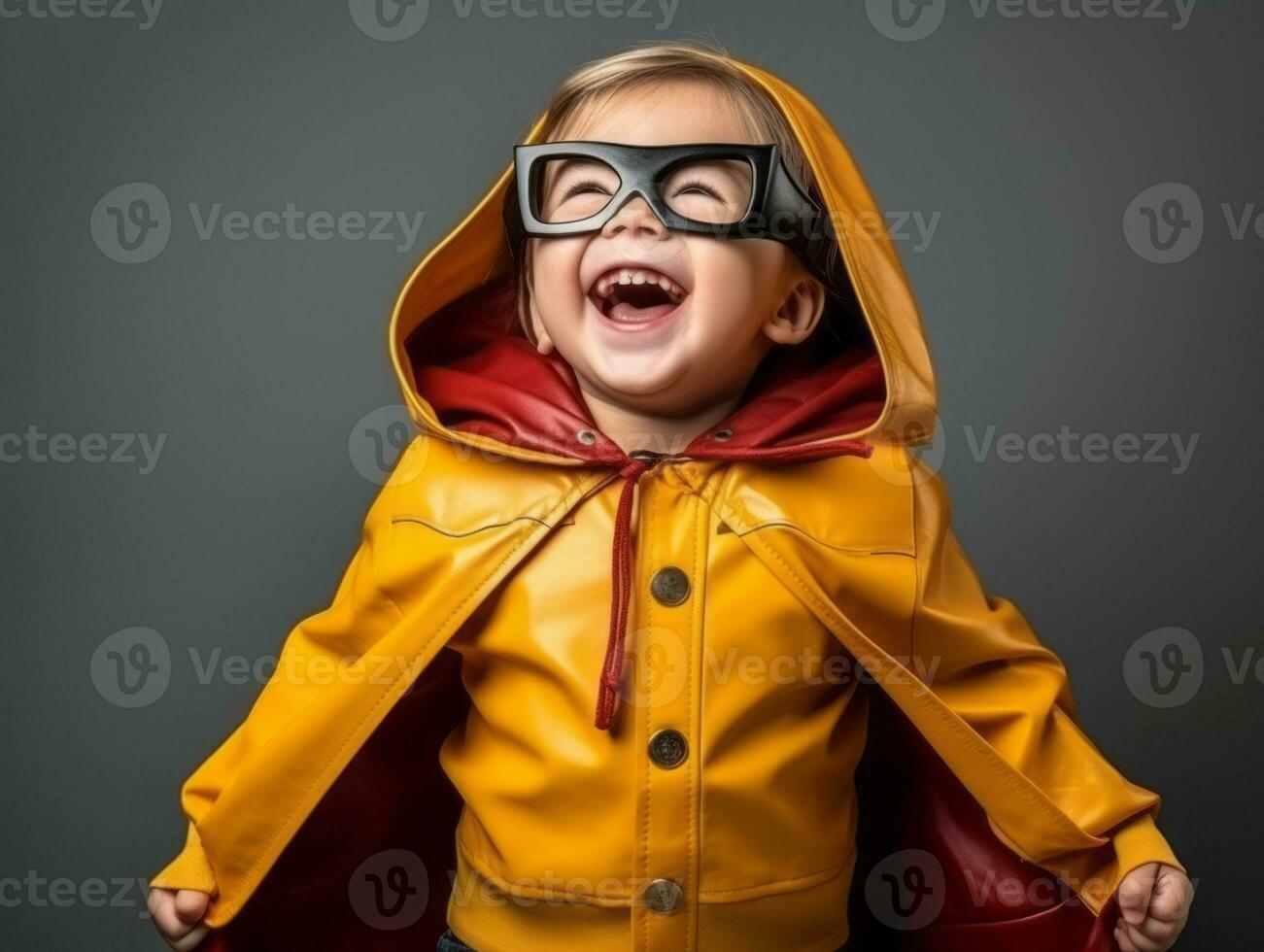 Happy European kid in casual clothing against a neutral background AI Generative photo