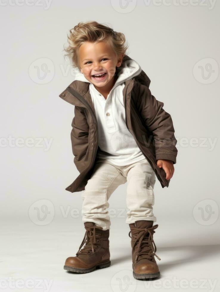 Happy European kid in casual clothing against a neutral background AI Generative photo