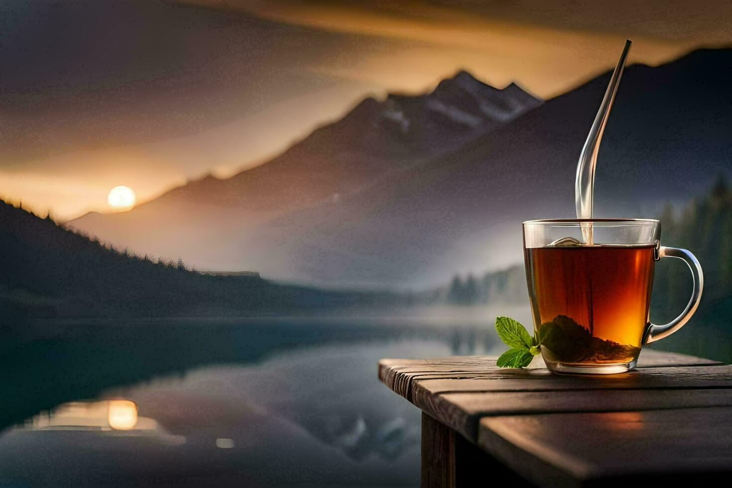 a cup of tea on a wooden table in front of a lake and mountains. AI-Generated photo