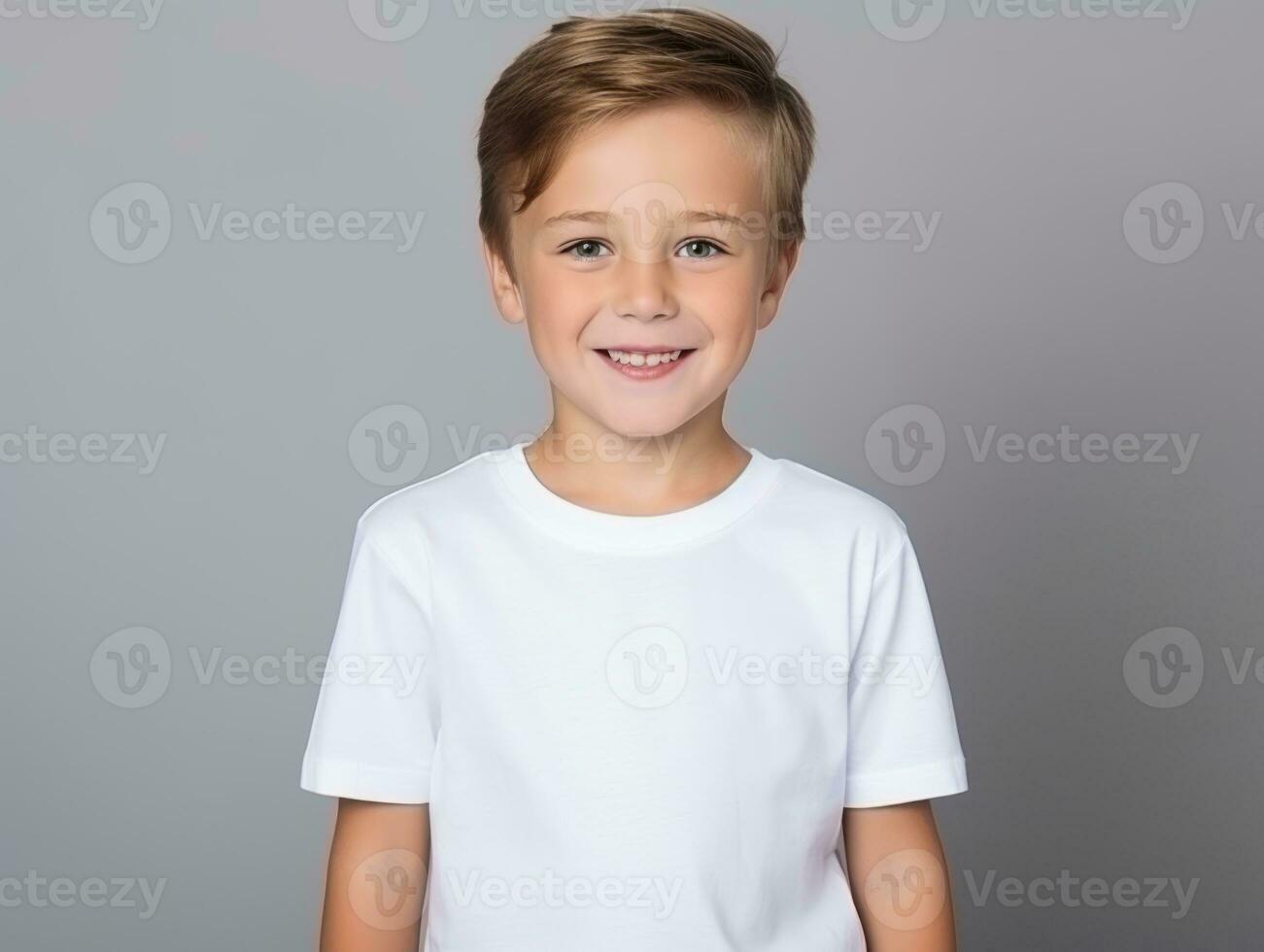 Happy European kid in casual clothing against a neutral background AI Generative photo