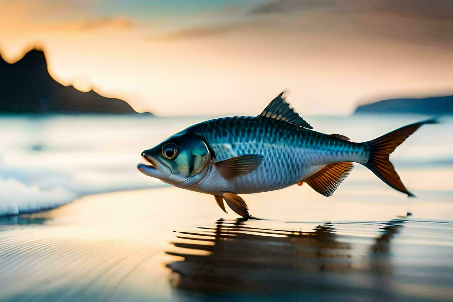 a fish is walking on the beach at sunset. AI-Generated photo