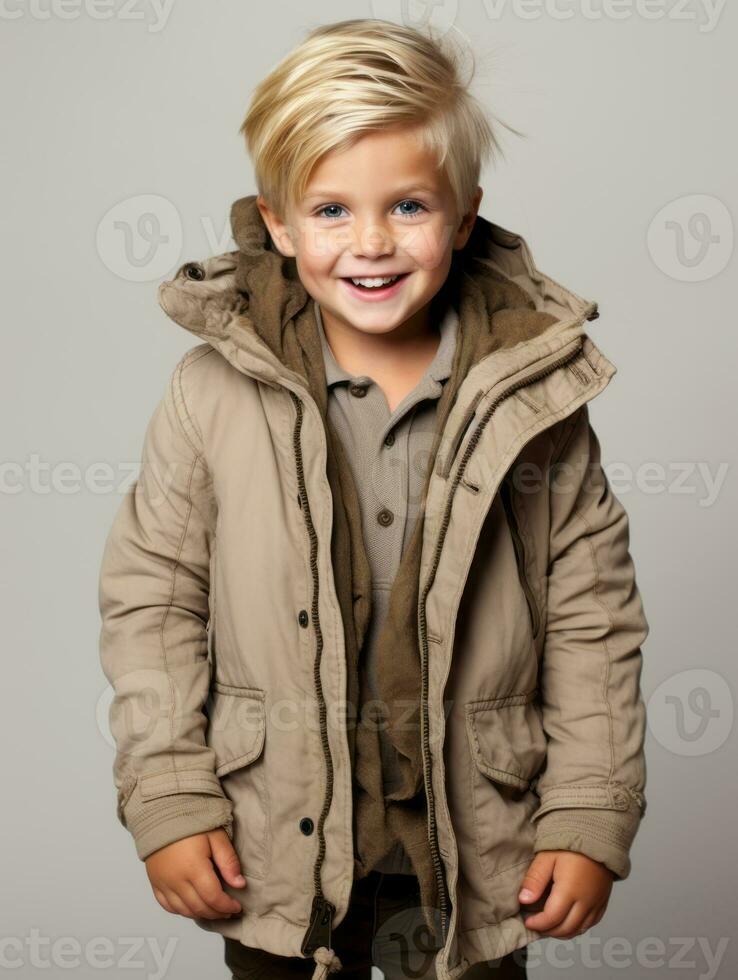 Happy European kid in casual clothing against a neutral background AI Generative photo