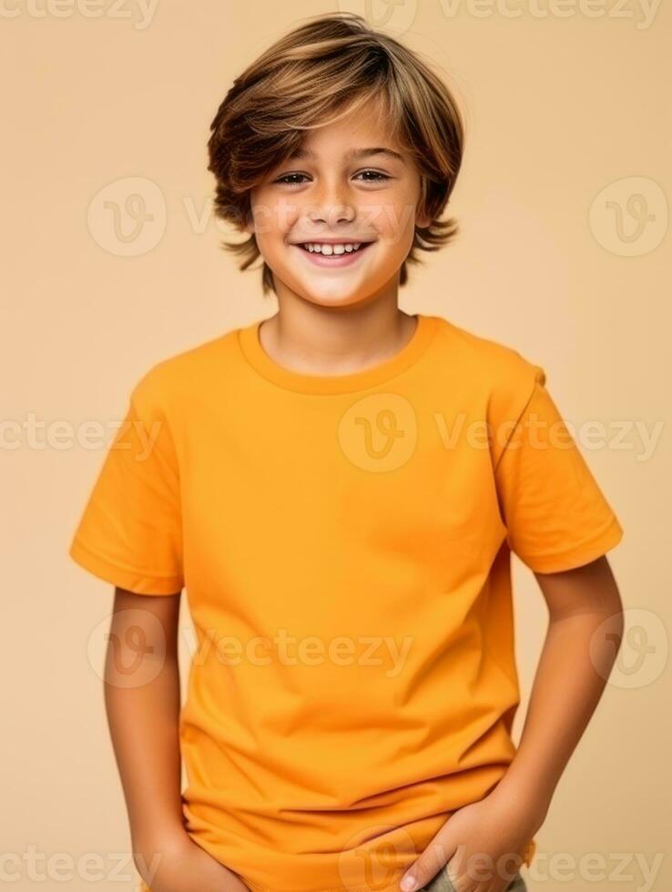 Happy European kid in casual clothing against a neutral background AI Generative photo