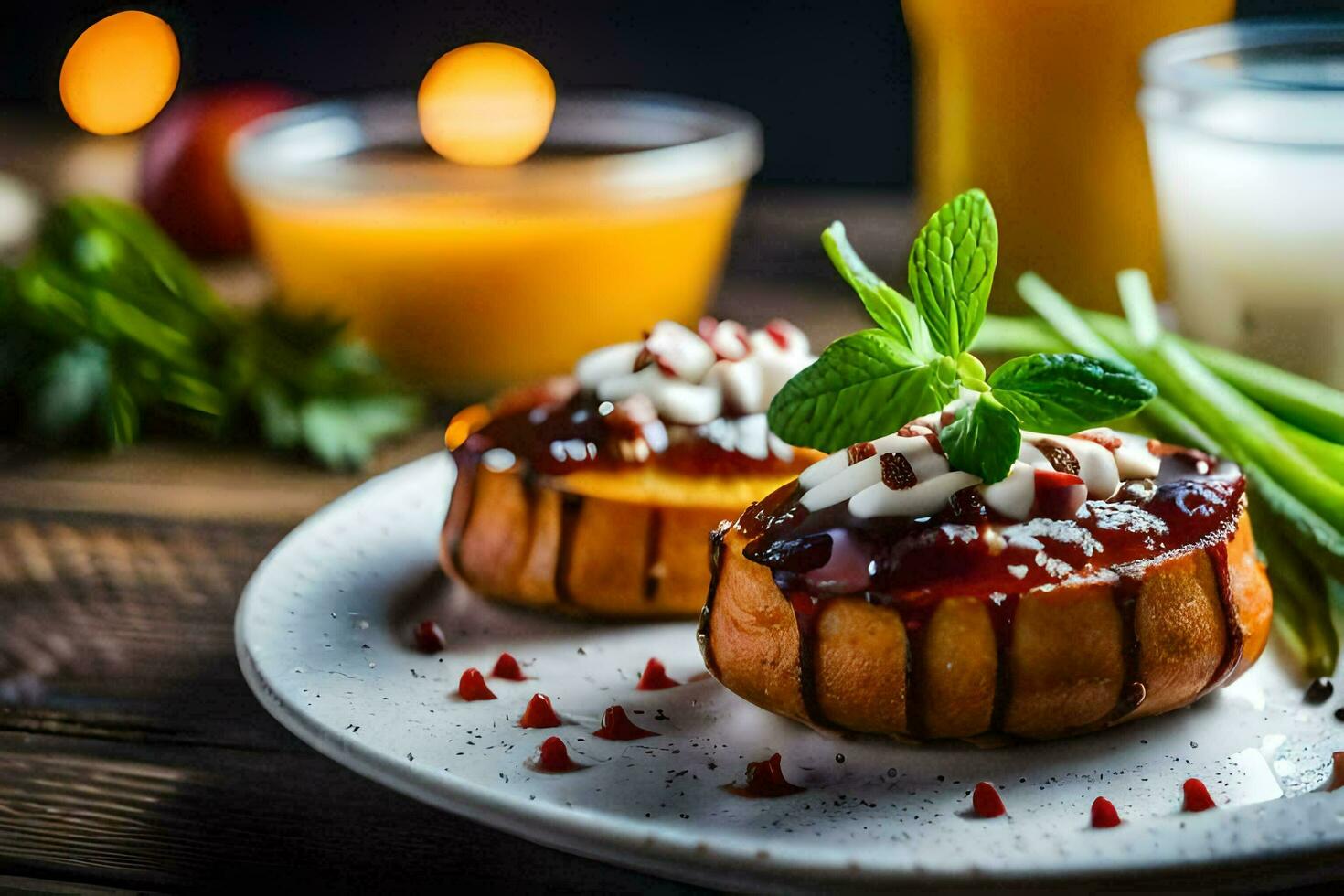 two stuffed squash on a plate with a glass of juice. AI-Generated photo