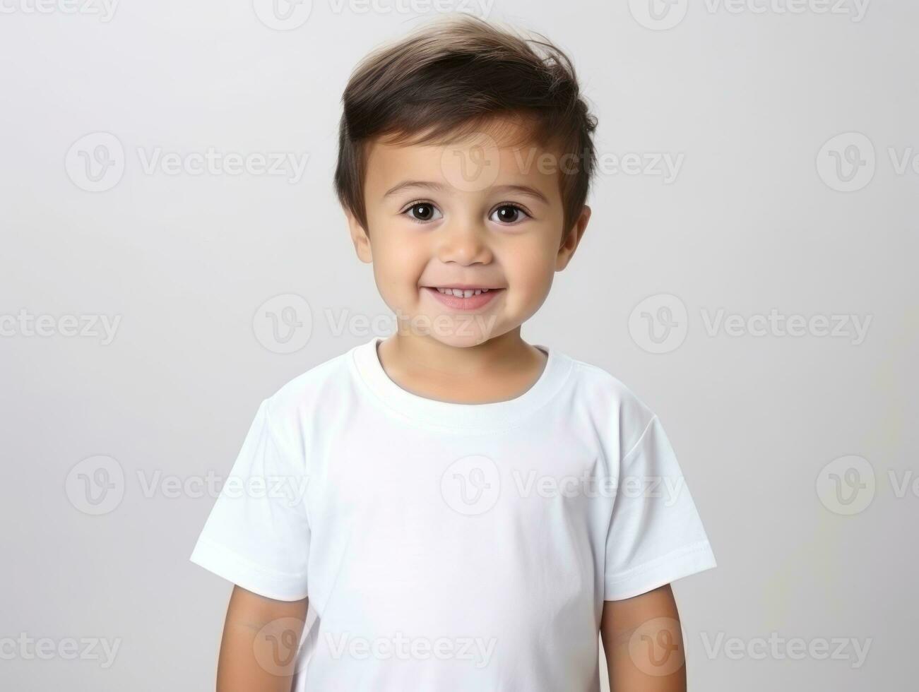 Happy European kid in casual clothing against a neutral background AI Generative photo