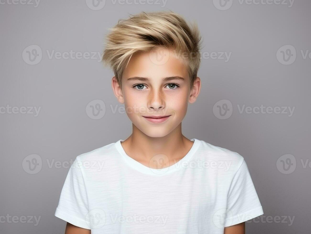 Happy European kid in casual clothing against a neutral background AI Generative photo