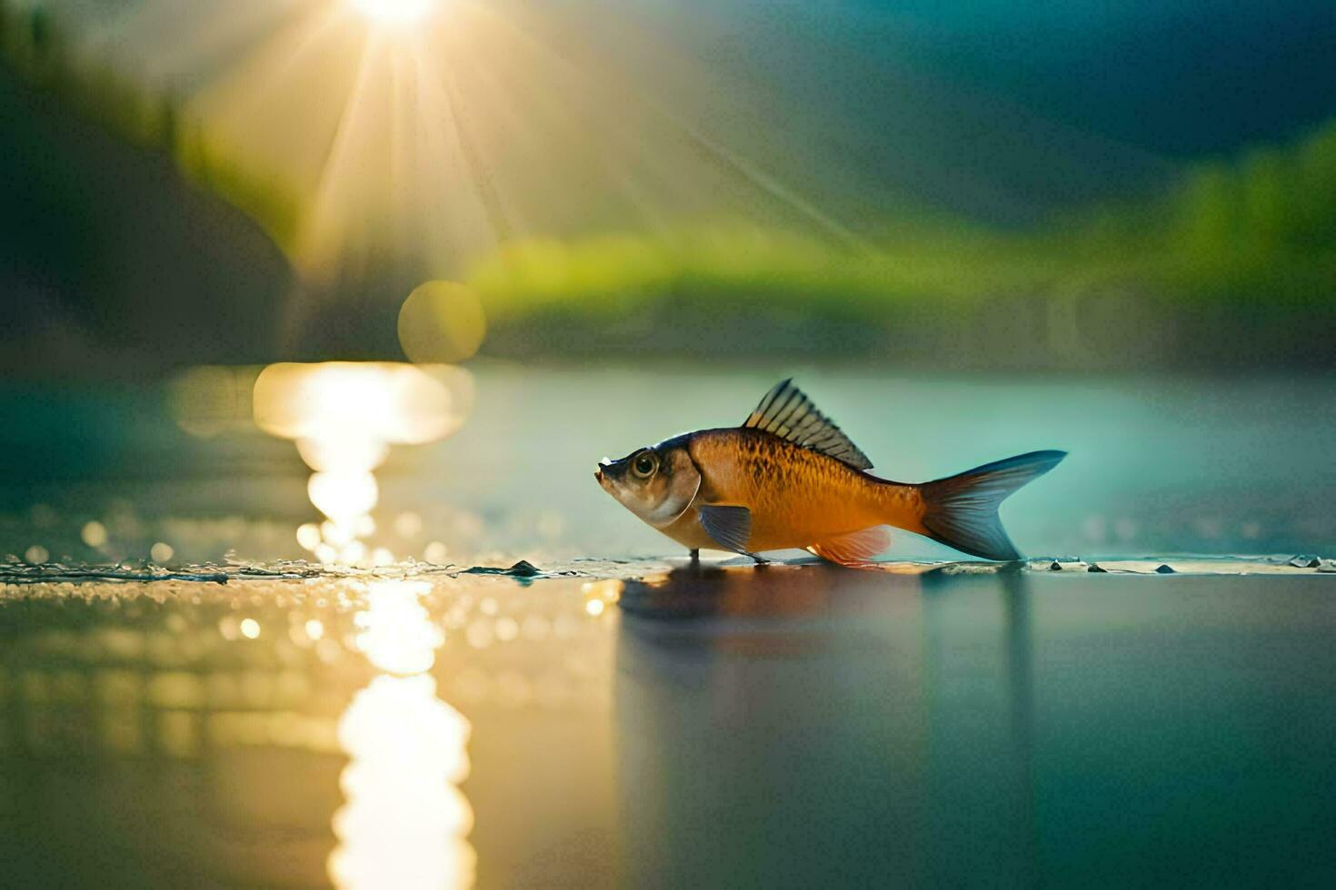 a fish is standing on the water with the sun shining. AI-Generated photo