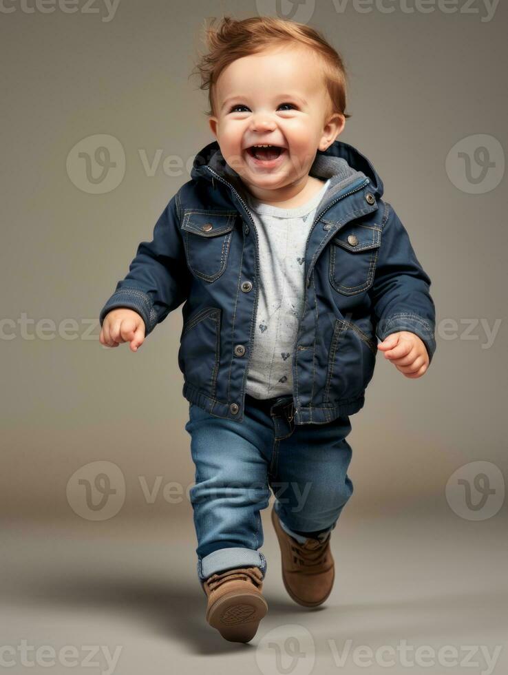 Happy European kid in casual clothing against a neutral background AI Generative photo