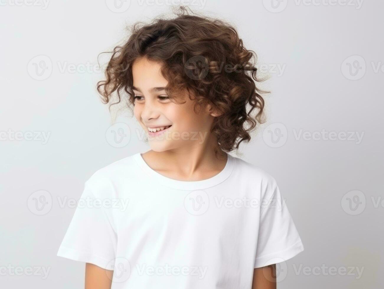contento europeo niño en casual ropa en contra un neutral antecedentes ai generativo foto