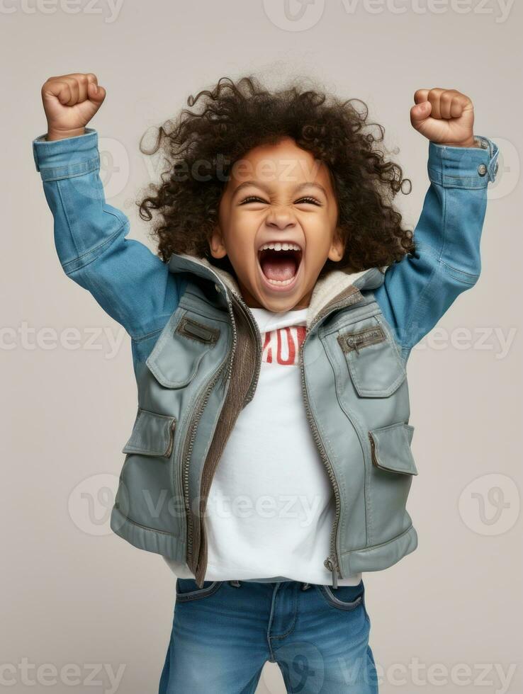 Happy European kid in casual clothing against a neutral background AI Generative photo