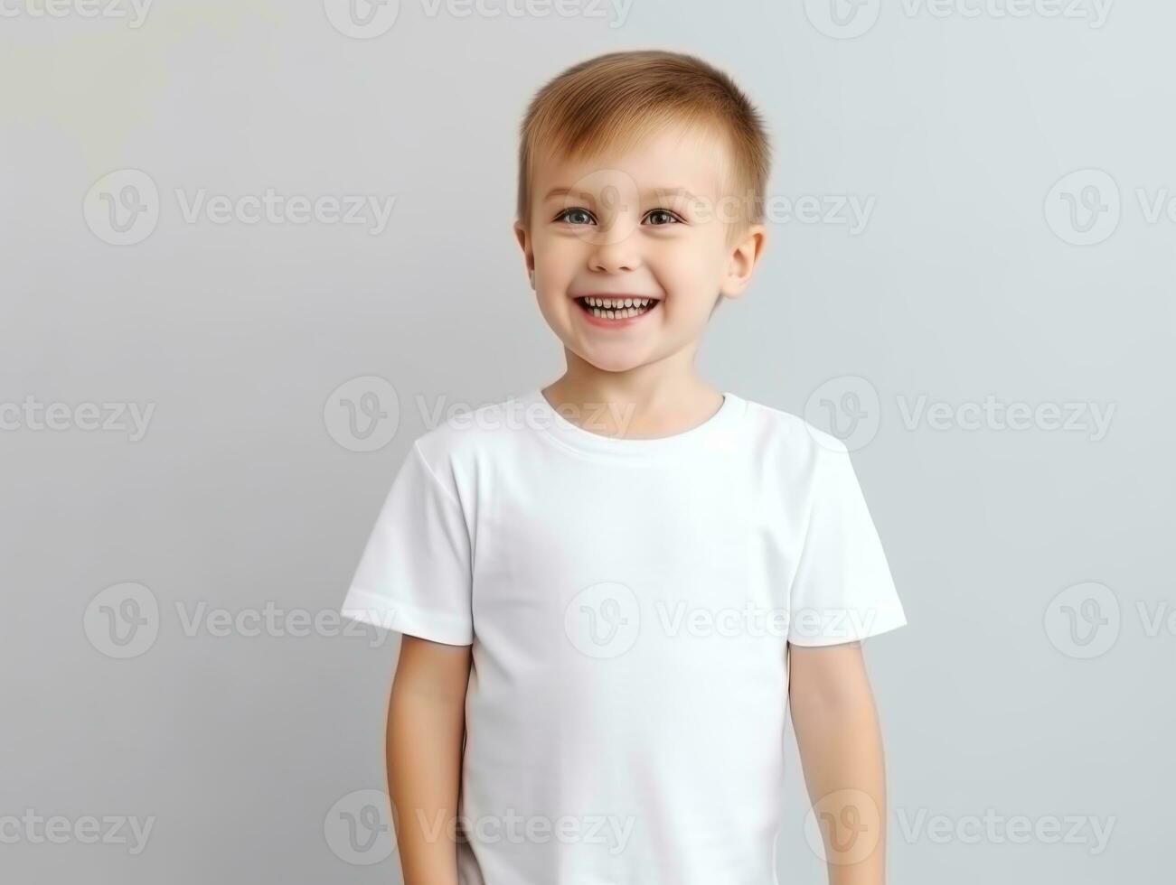 Happy European kid in casual clothing against a neutral background AI Generative photo